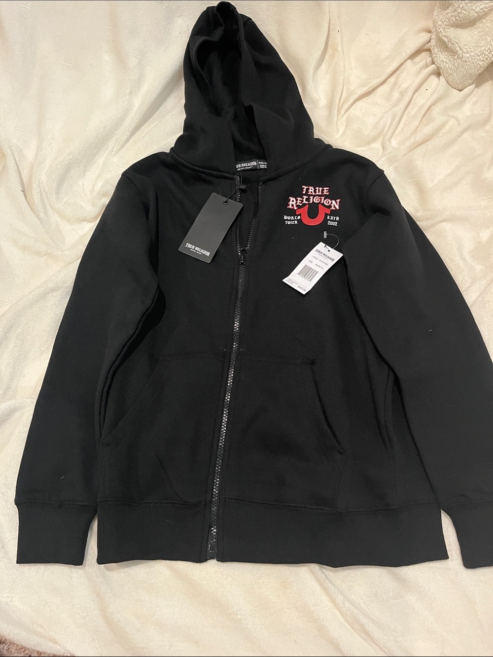 True Religion Black Zip-Up Hoodie with Red Chest Detail